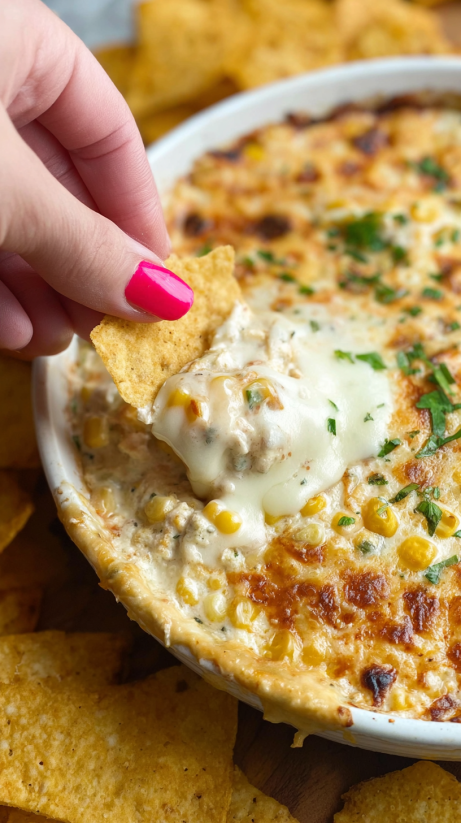 A hand holding a tortilla chip with a bite taken out of it.