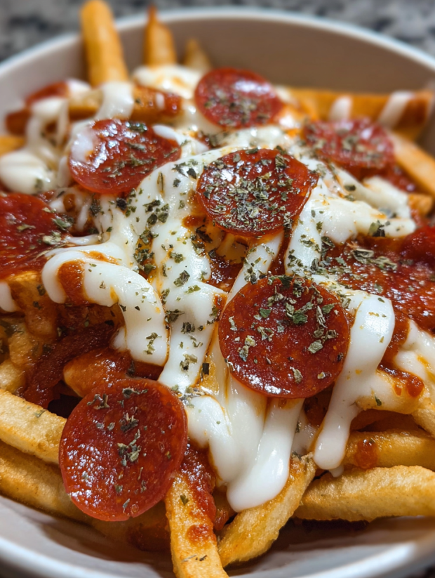 A plate of pepperoni pizza fries.