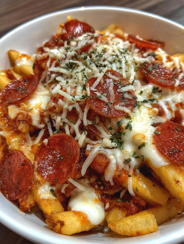 A bowl of cheese and pepperoni pizza.