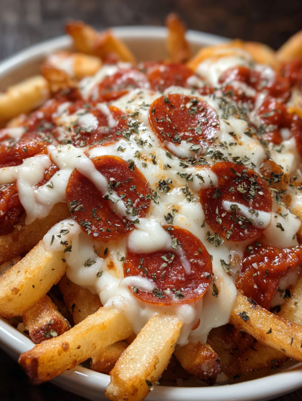 A plate of cheese and pepperoni pizza fries.