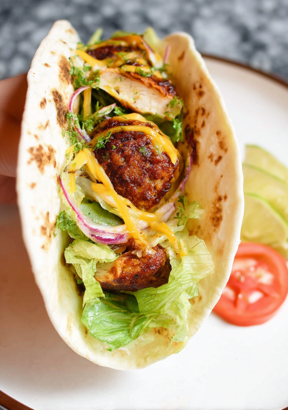 A blackened chicken snack wrap with lettuce and tomato.