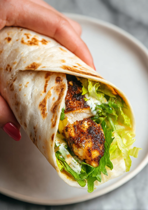 A person holding a blackened chicken snack wrap.