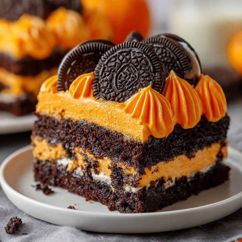 A slice of Oreo layered Halloween brownies.