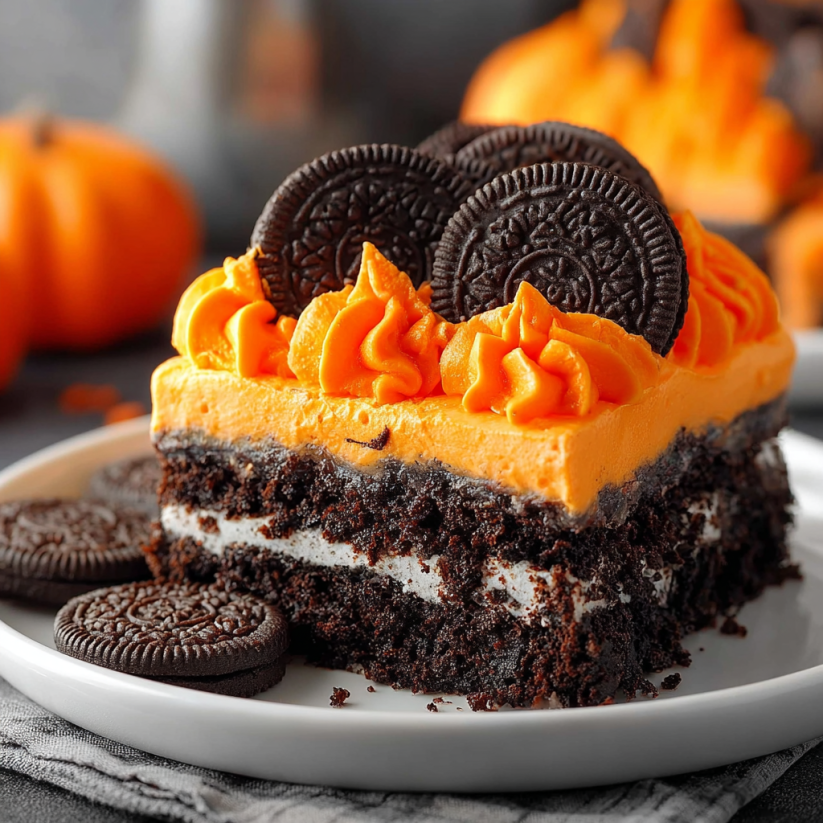 A slice of cake with a chocolate and orange frosting.