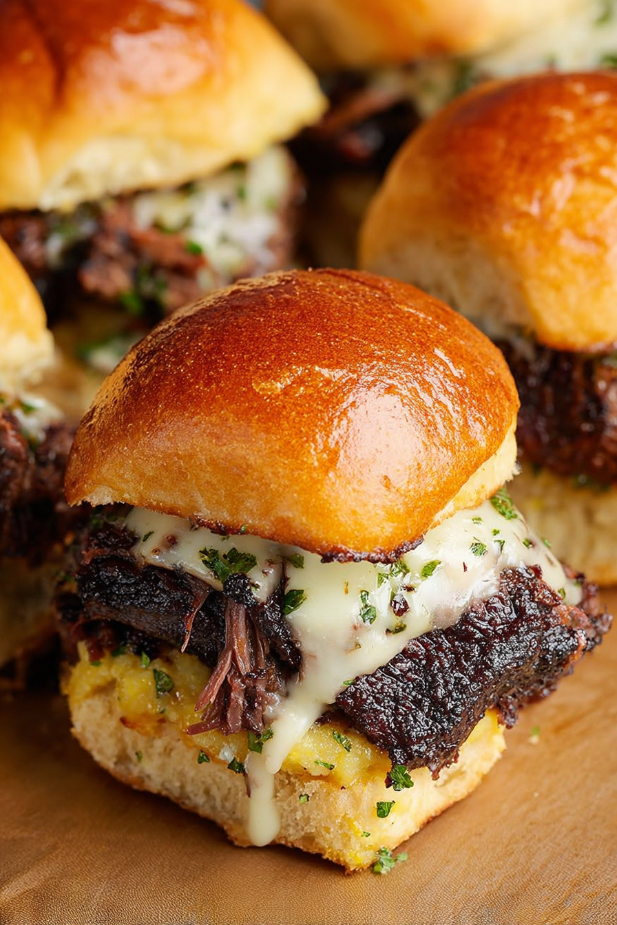 A close up of a delicious elote brisket slider with Alabama white barbecue sauce.
