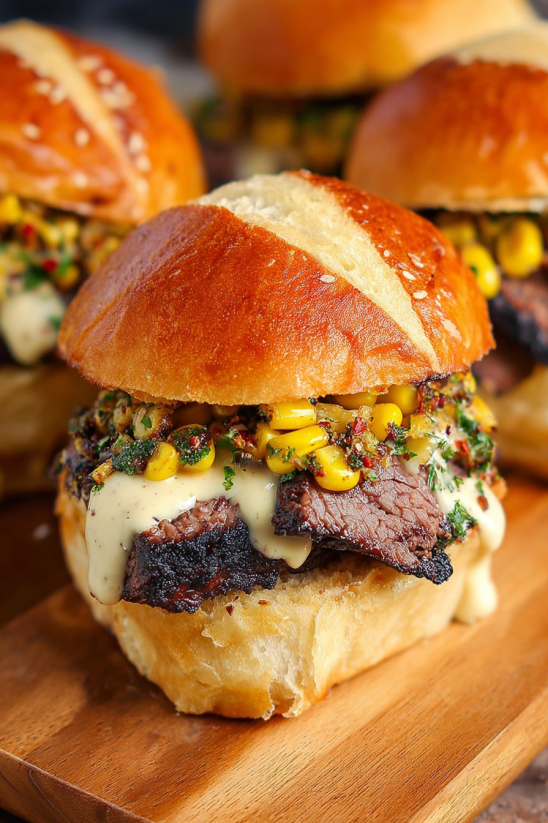A close up of a sandwich with meat and corn.