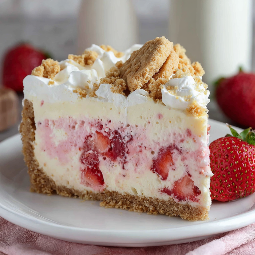 A slice of strawberry crunch cheesecake on a plate.