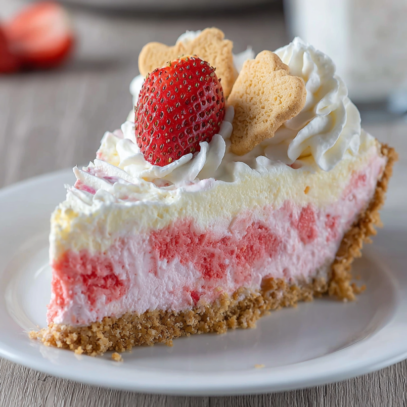 A slice of cake with strawberries and cookies on top.