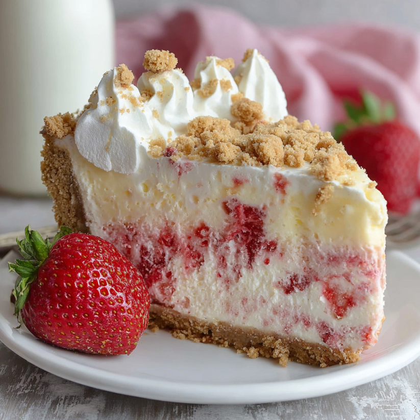 A slice of cheesecake with strawberries on top.