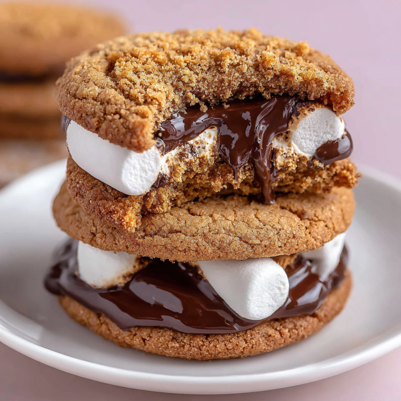 A plate of cookies with chocolate and marshmallows.