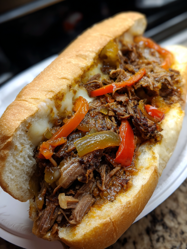 A smoked brisket philly cheesesteak on a bun.