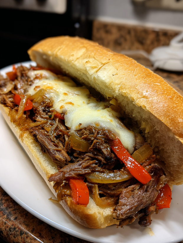 A sandwich with meat and peppers.