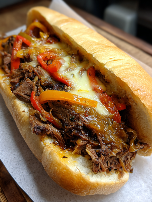 A sandwich with meat and peppers.