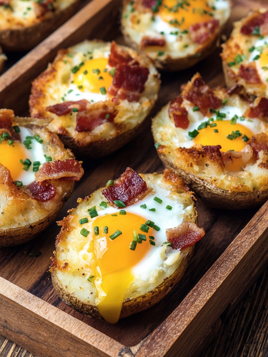 Bacon and egg potatoes on a wooden tray.