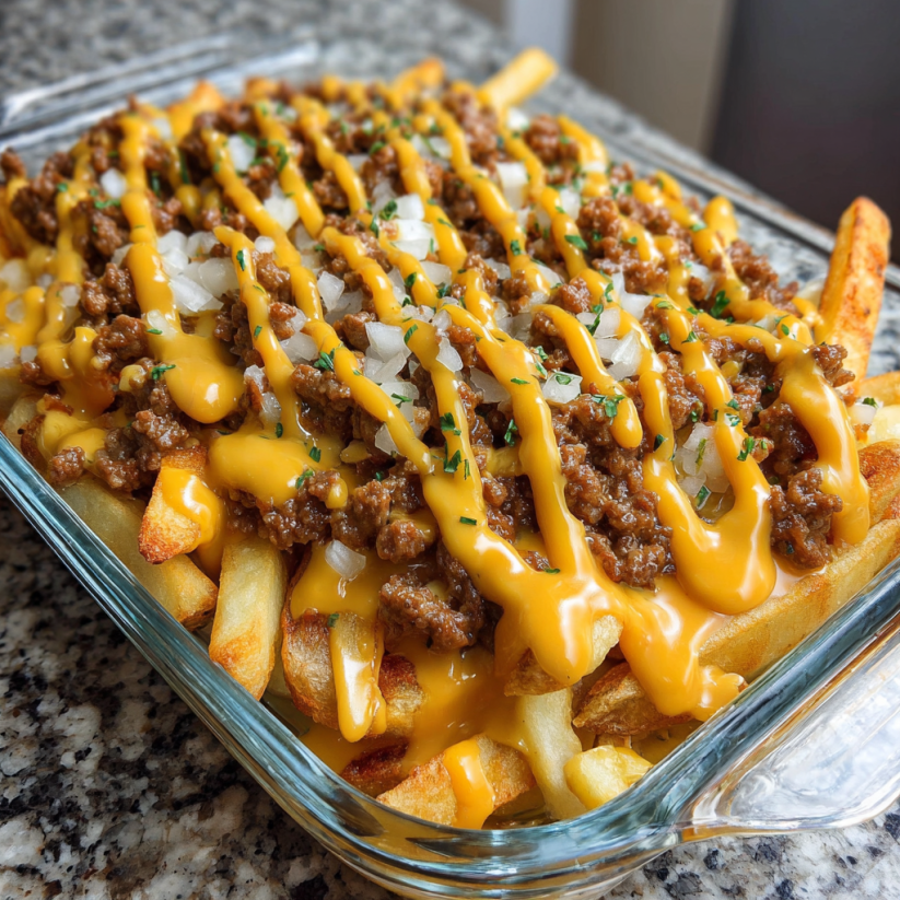 A casserole of cheeseburger and fries.