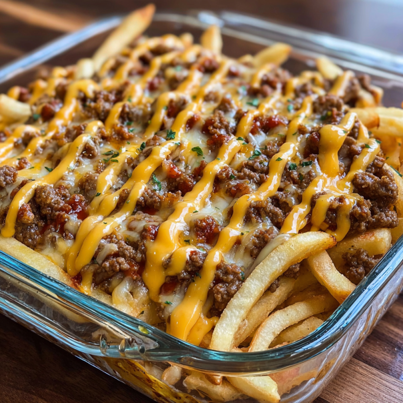 A dish of french fries with cheese and meat.
