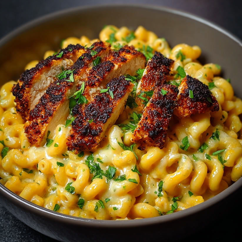 A bowl of honey pepper chicken mac cheese.