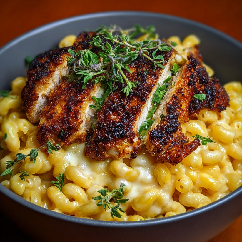 A bowl of macaroni and cheese with chicken on top.