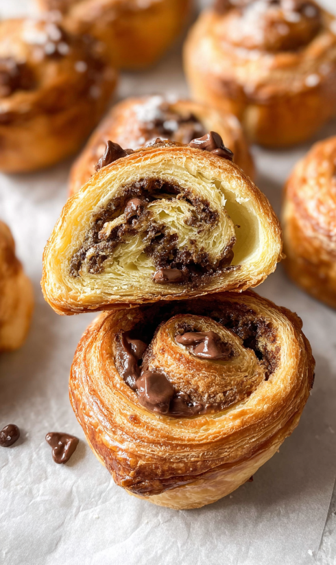 A pastry with chocolate and nuts on top.