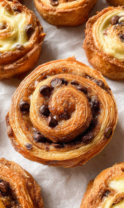 A pastry with chocolate chips and a swirl pattern.