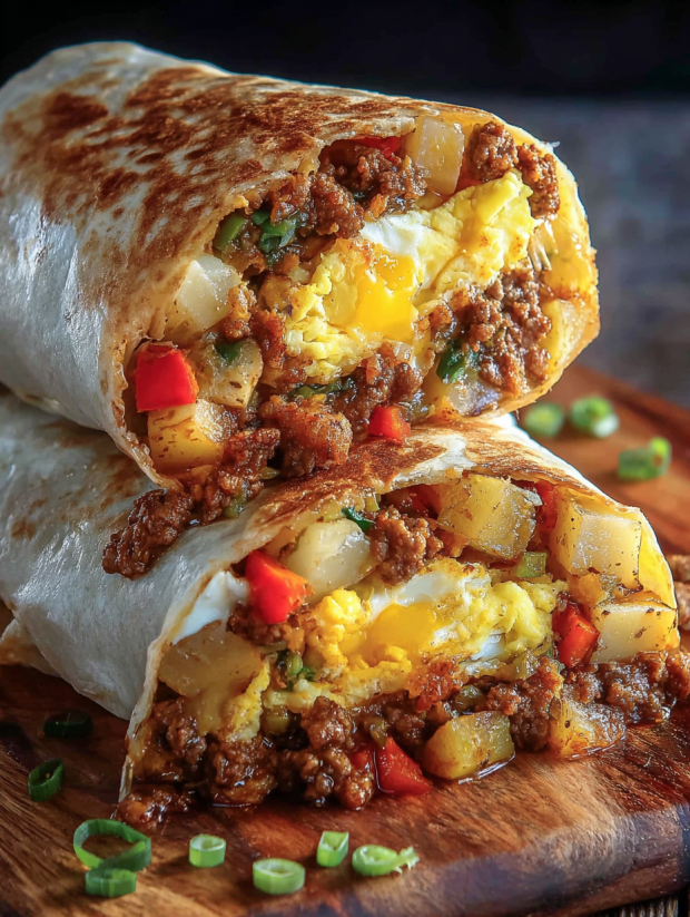 A chorizo breakfast burrito on a wooden table.