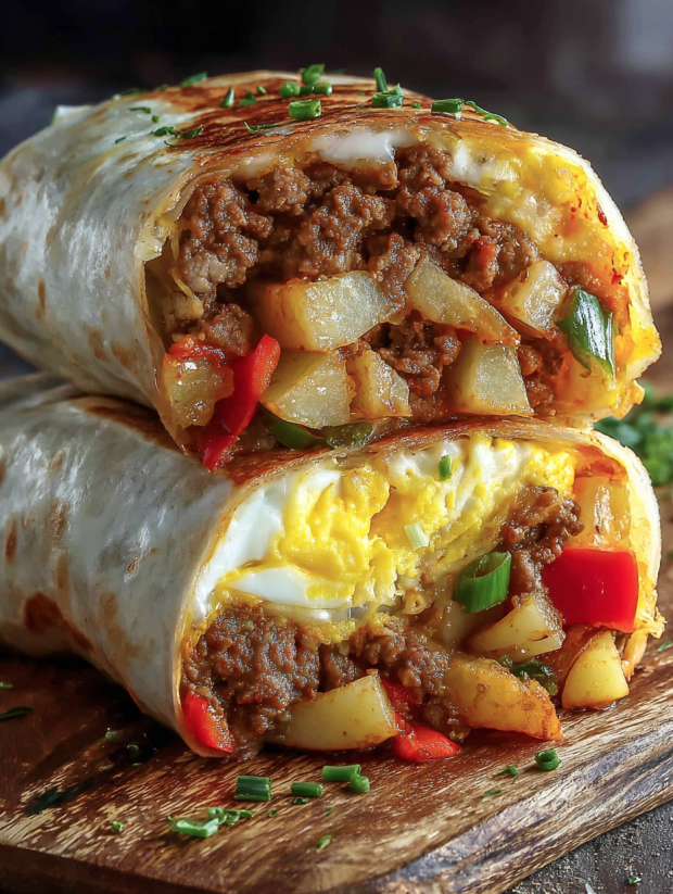 A burrito with meat and potatoes.