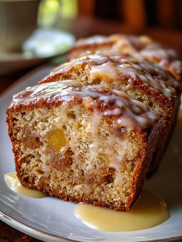 A slice of Amish apple fritter bread.