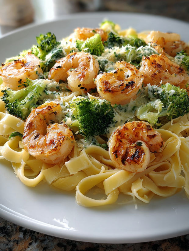 A plate of shrimp and broccoli with a creamy sauce.