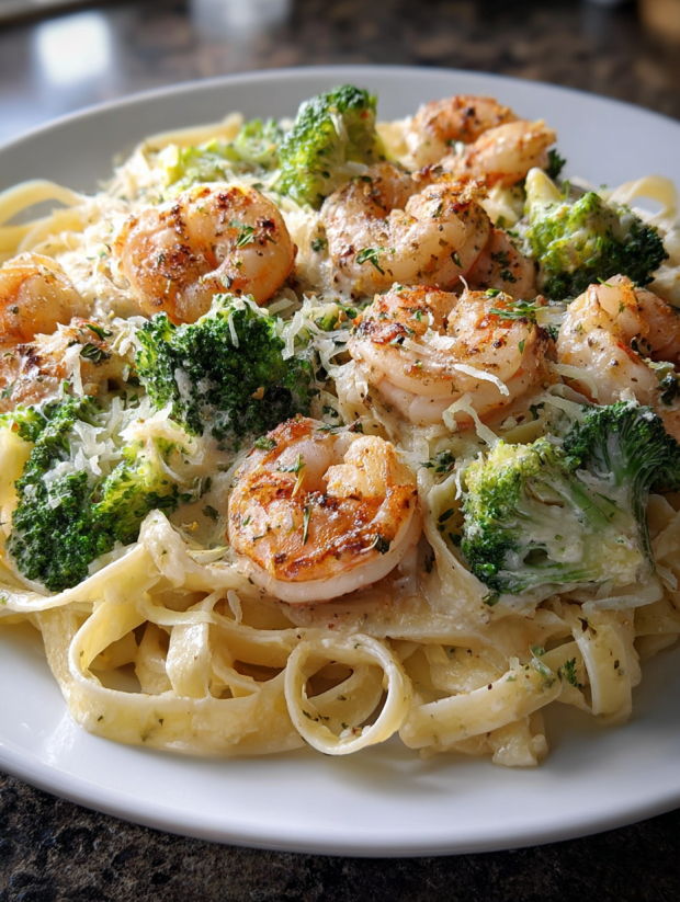 A plate of pasta with shrimp and broccoli.