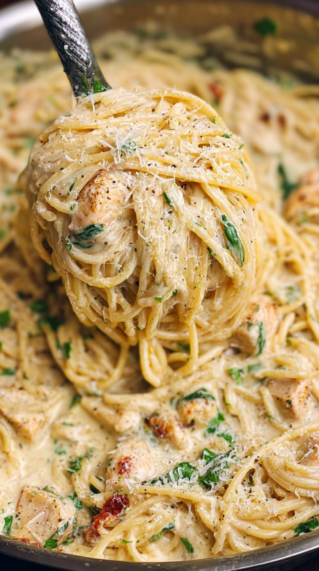 A bowl of pasta with chicken and cheese.