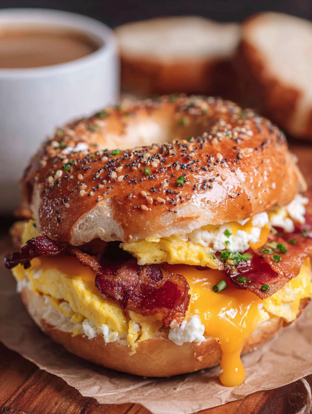 A breakfast bagel with bacon and egg.
