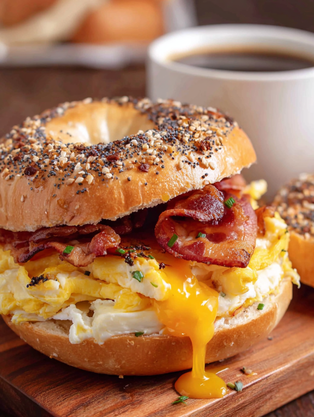 A bagel sandwich with bacon and egg.