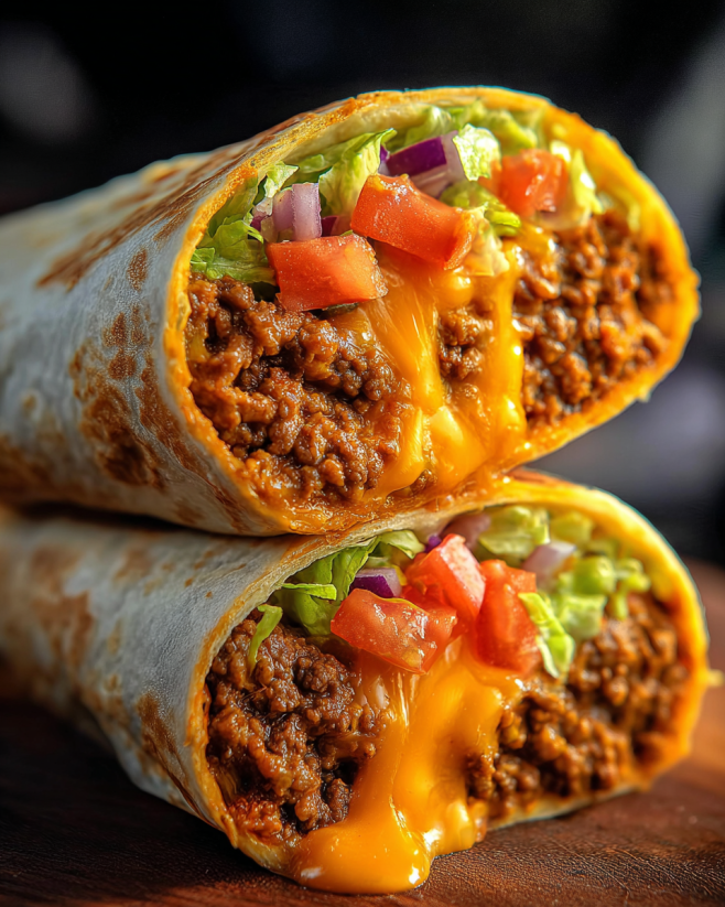 A burrito with cheese and tomatoes.