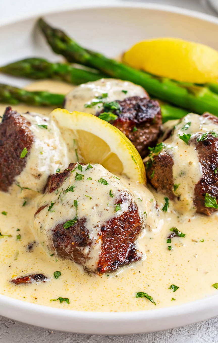 Garlic butter steak bites with parmesan cream sauce.