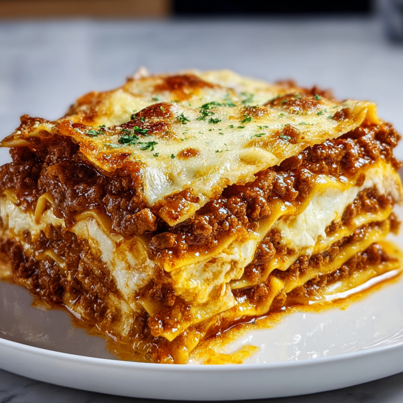 A plate of lasagna with a white plate.