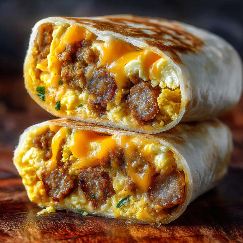 Two cheesy sausage egg wraps on a table.