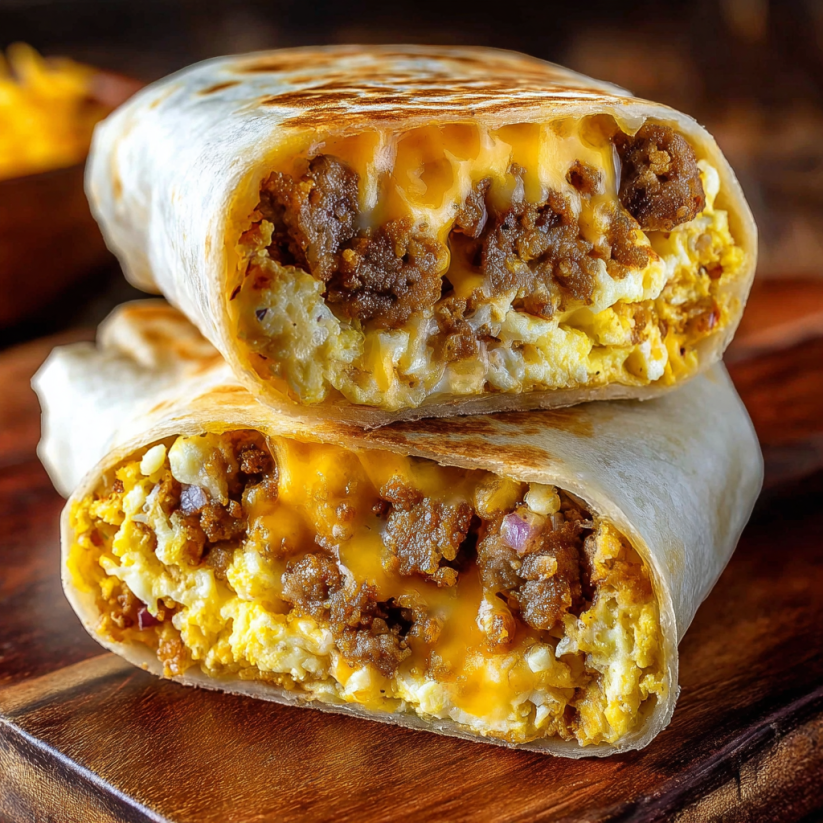 A cheesy sausage egg wrap on a wooden table.