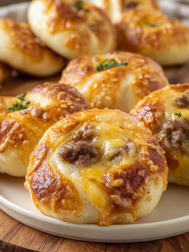 A plate of steak cheese stuffed pretzels.