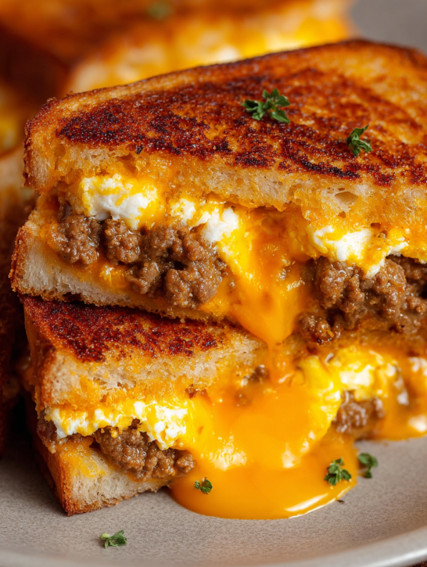 A grilled cheese sandwich with sausage and egg.