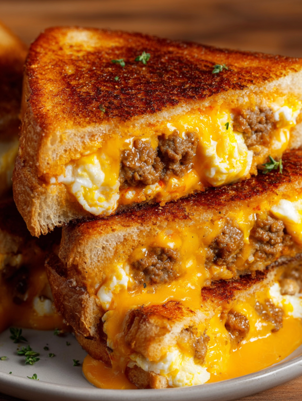 A grilled cheese sandwich with sausage and egg.