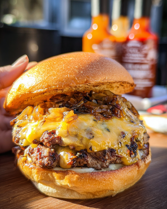 A person is holding a smoked Cajun burger.