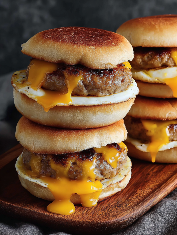 A stack of three sausage, egg, and cheese sandwiches.