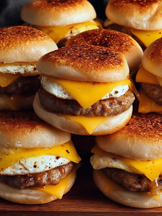 A stack of sausage, egg, and cheese sandwiches.