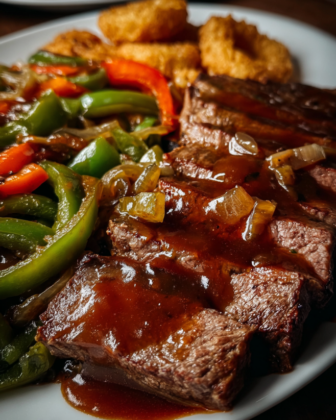 A plate of food with steak and vegetables.