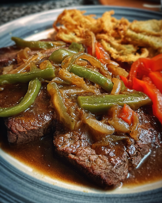 A plate of slow cooker cubed steak with onions and peppers.