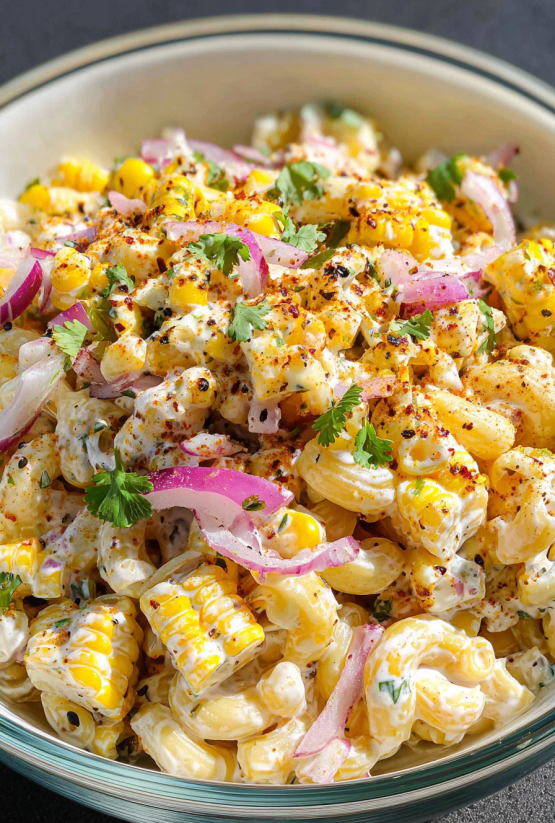 A dish of pasta salad with corn and onions.