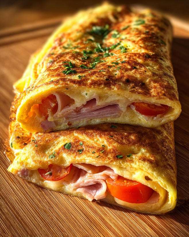 A flatbread sandwich with tomatoes and ham.