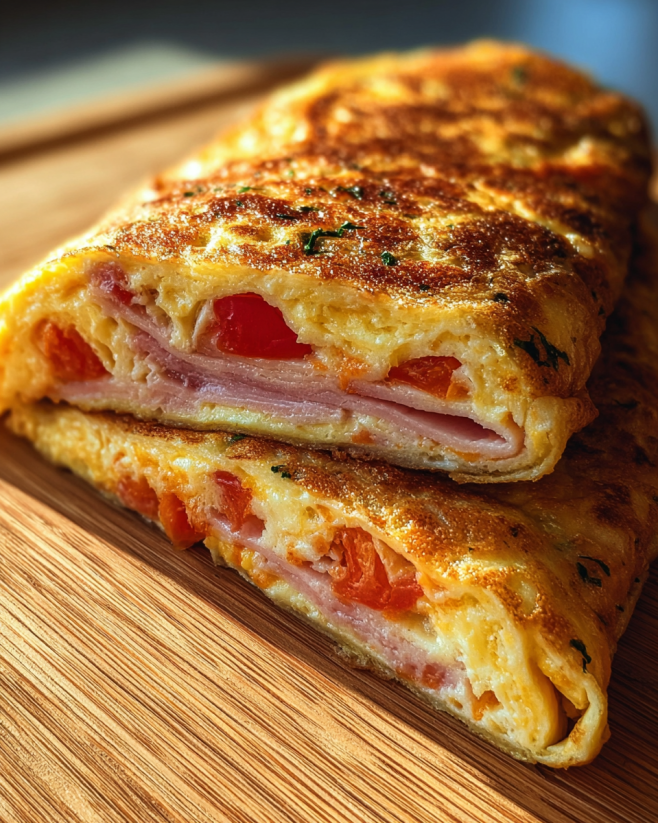 A sandwich with tomatoes and ham on a wooden table.