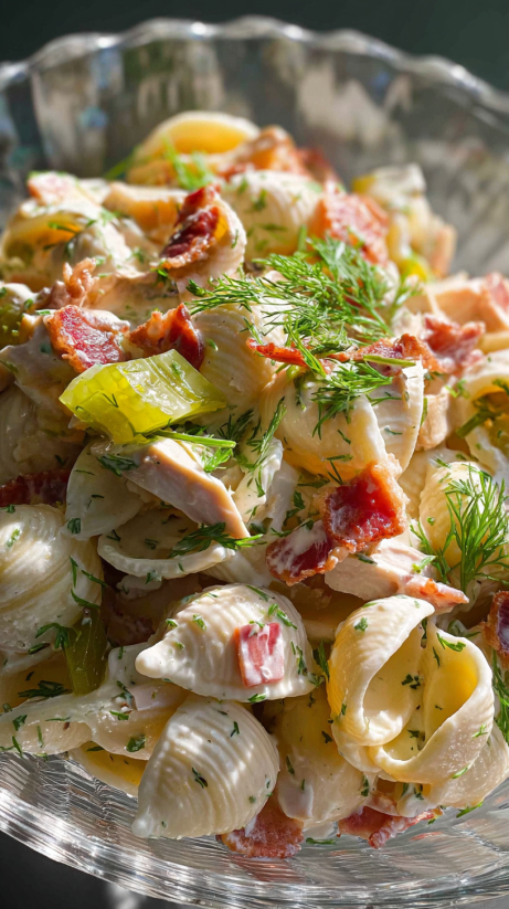 A dish of pasta salad with bacon and dill pickles.