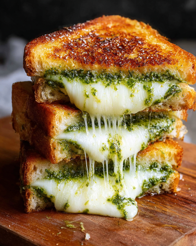 A stack of grilled cheese sandwiches with pesto.